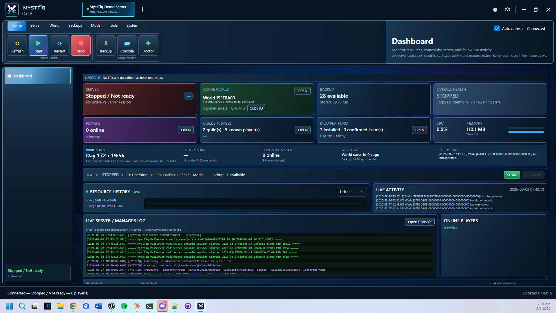 MystTiq dashboard showing server operations, health and world information