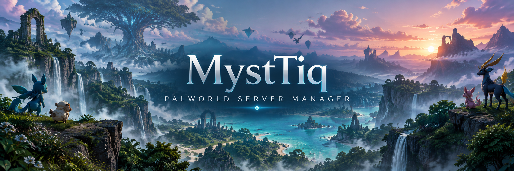MystTiq Palworld Server Manager above an island landscape with waterfalls